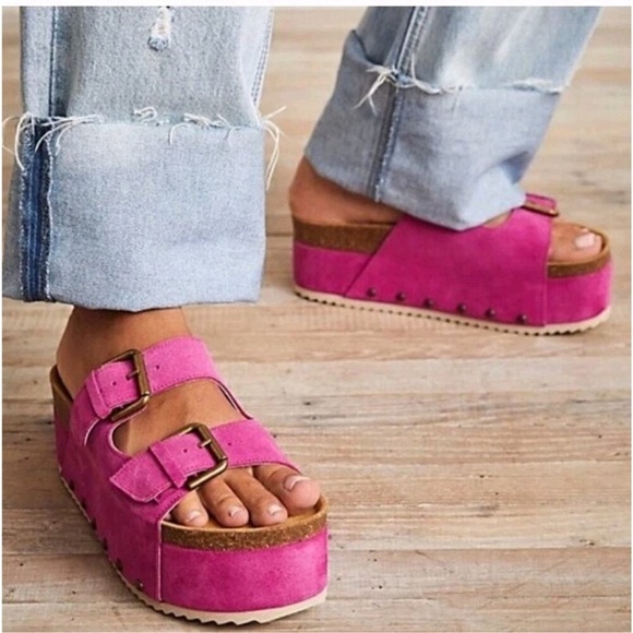 New Free People Rule Breaker Flatform Sandal Shoes Platform Suede Stud Fuchsia - Picture 3 of 17